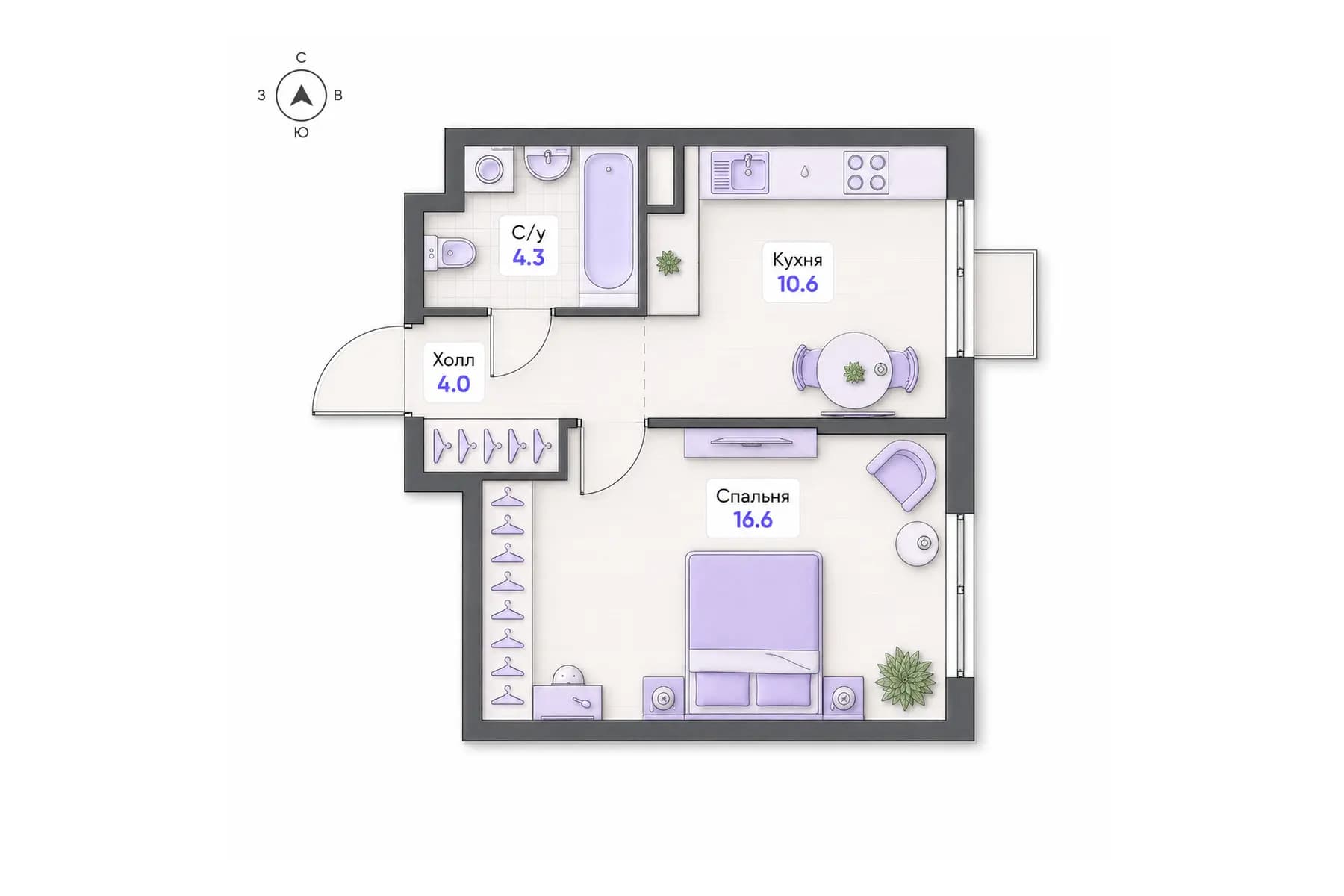 Планировка 1-комнатной квартиры площадью 35,5 м² в ЖК «Центральный квартал», секция 4, этаж 3