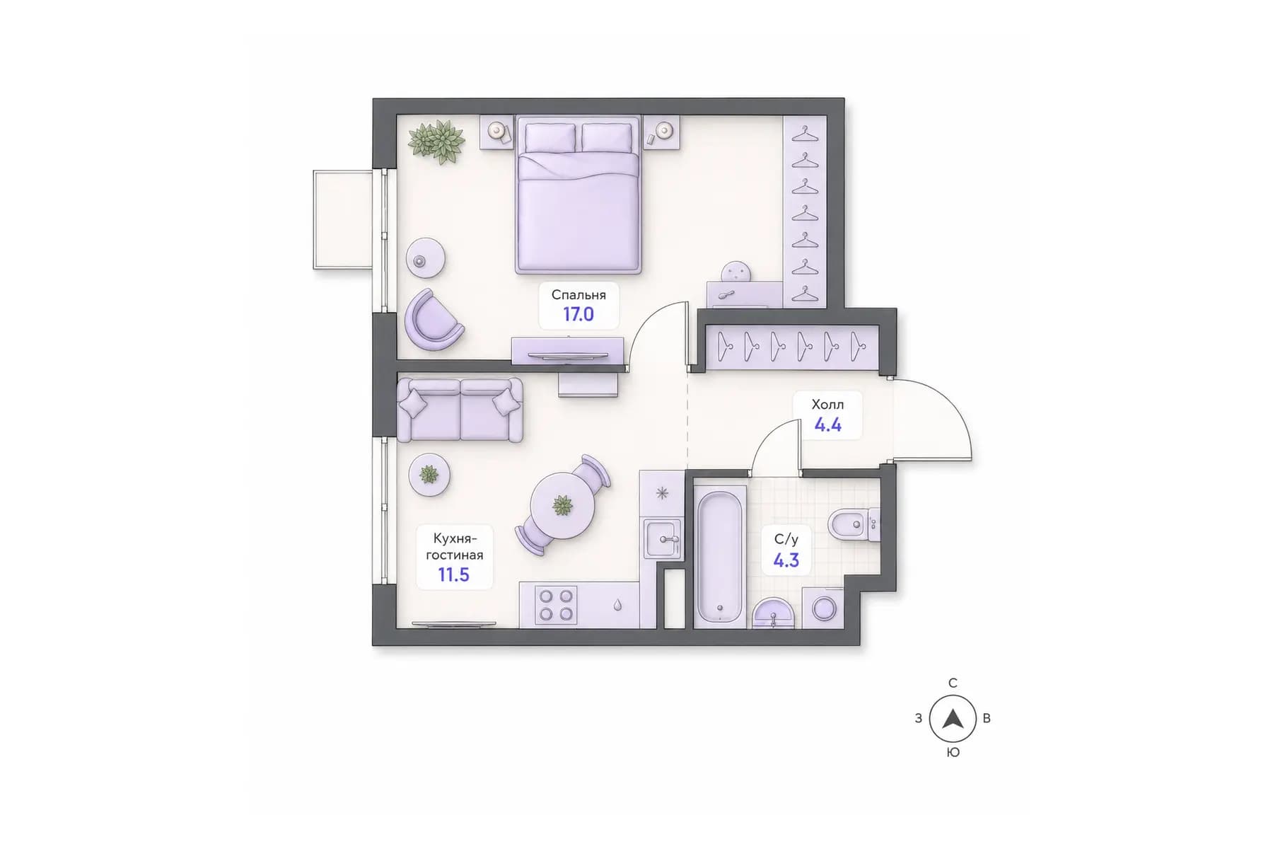 Планировка 1-комнатной квартиры площадью 37,2 м² в ЖК «Центральный квартал», секция 2, этаж 9