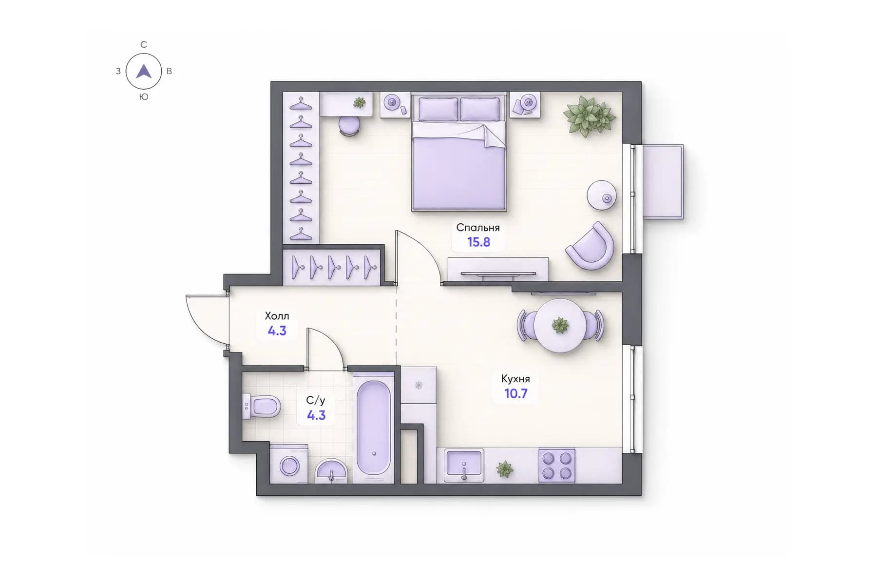 Планировка 1-комнатной квартиры площадью 35,1 м² в ЖК «Центральный квартал», секция 4, этаж 10