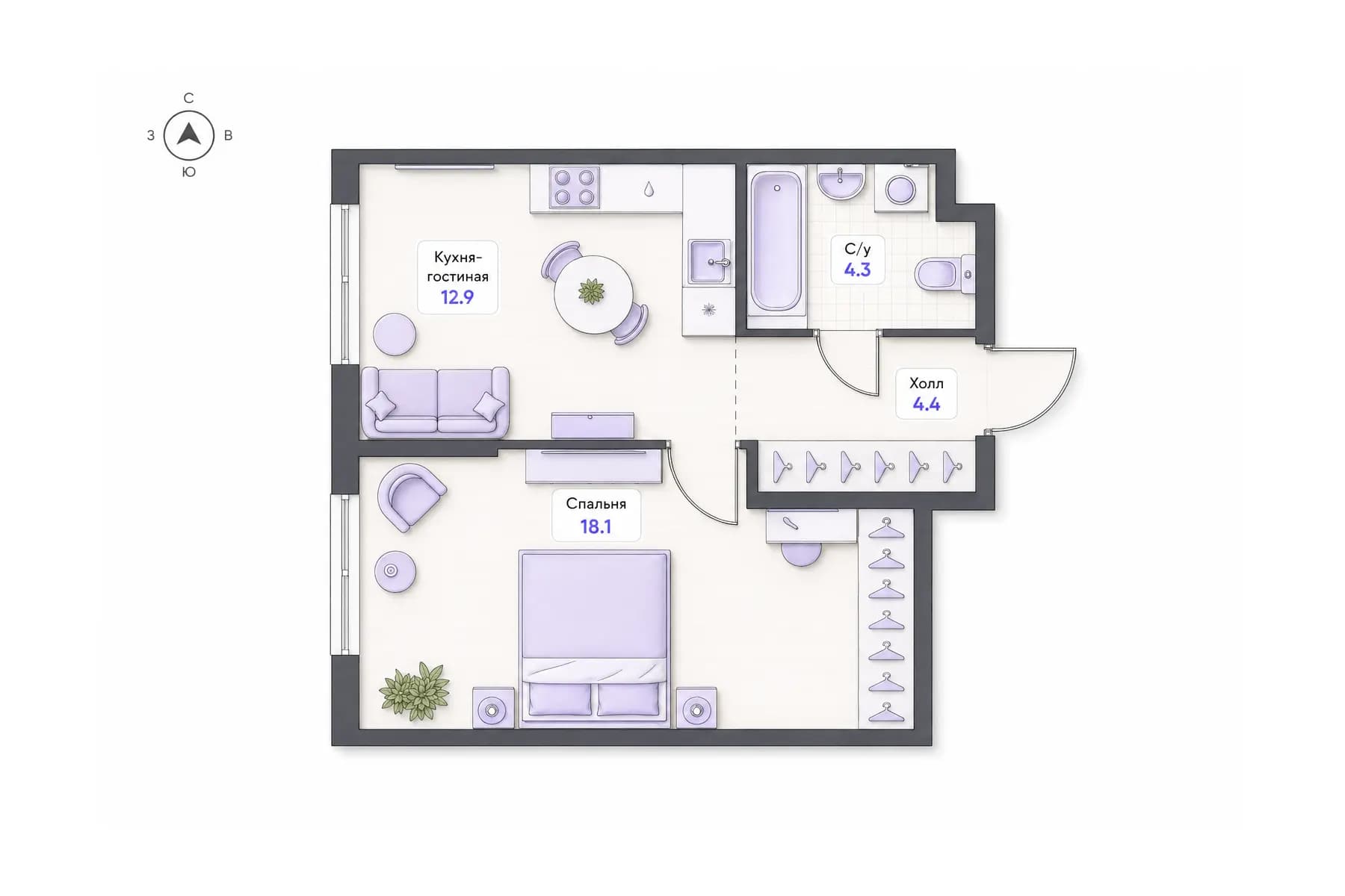 Планировка 1-комнатной квартиры площадью 39,7 м² в ЖК «Центральный квартал», секция 1, этаж 2