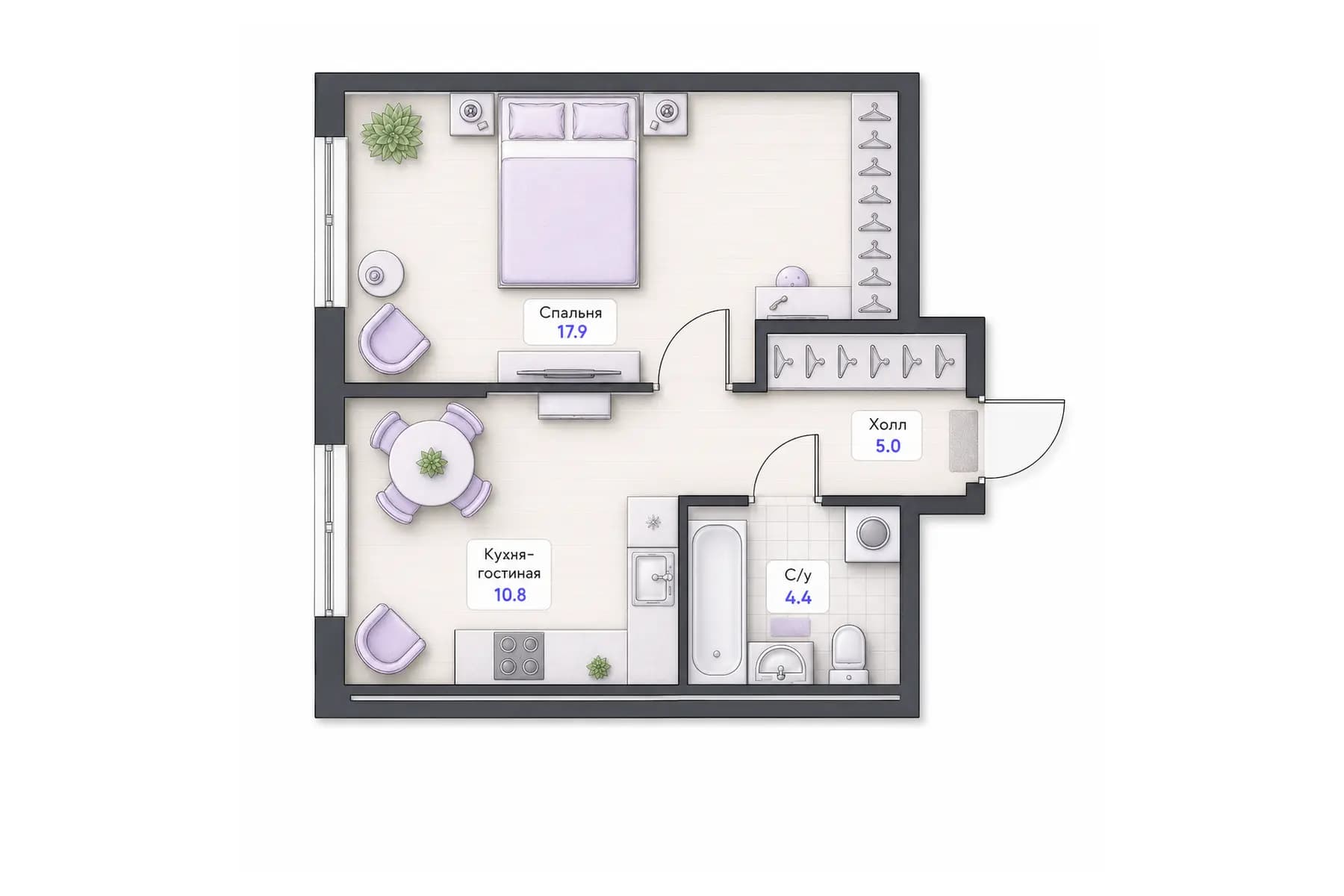 Планировка 1-комнатной квартиры площадью 38,1 м² в ЖК «Центральный квартал», секция 1, этаж 2