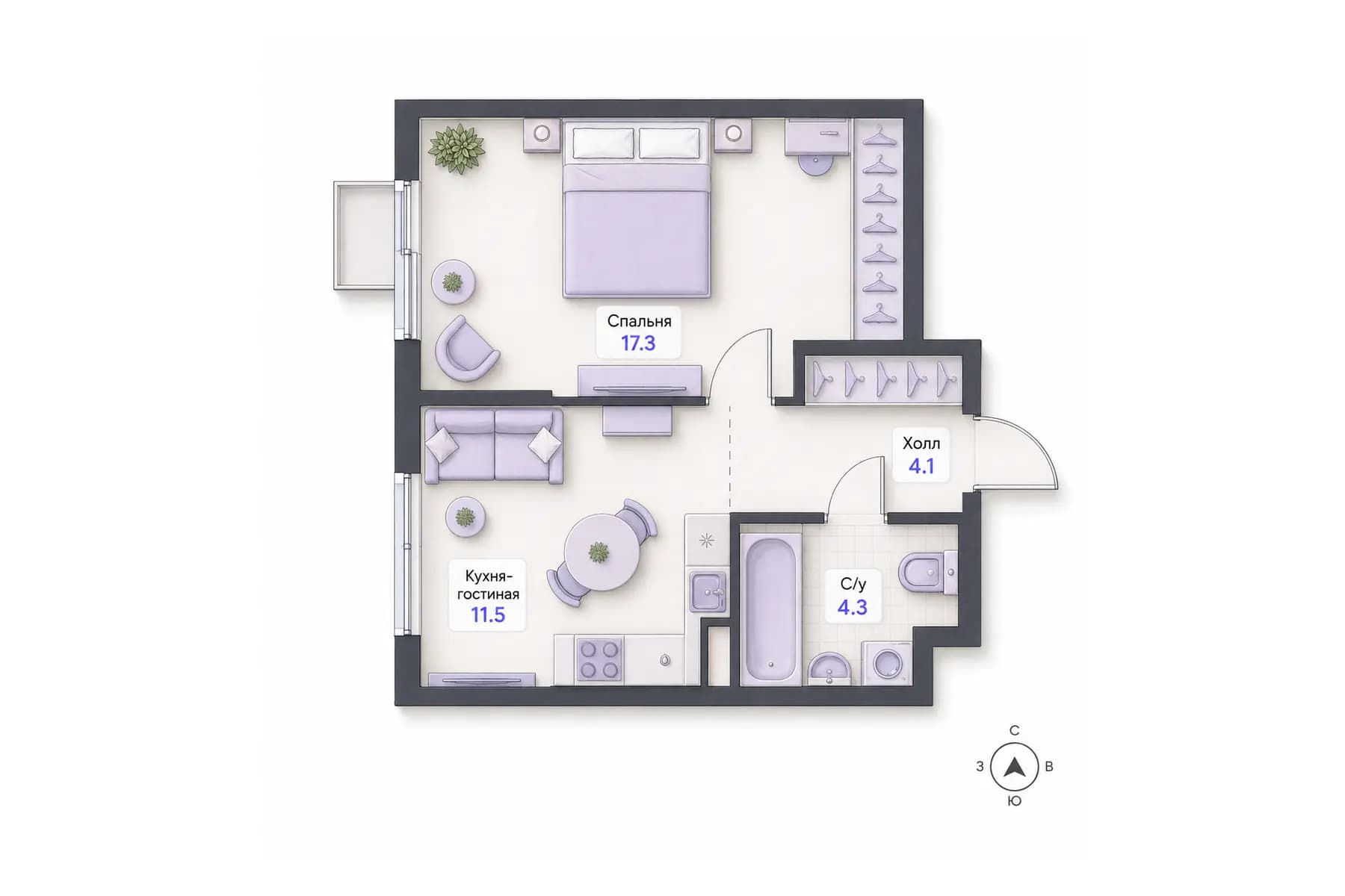 Планировка 1-комнатной квартиры площадью 37,2 м² в ЖК «Центральный квартал», секция 2, этаж 3