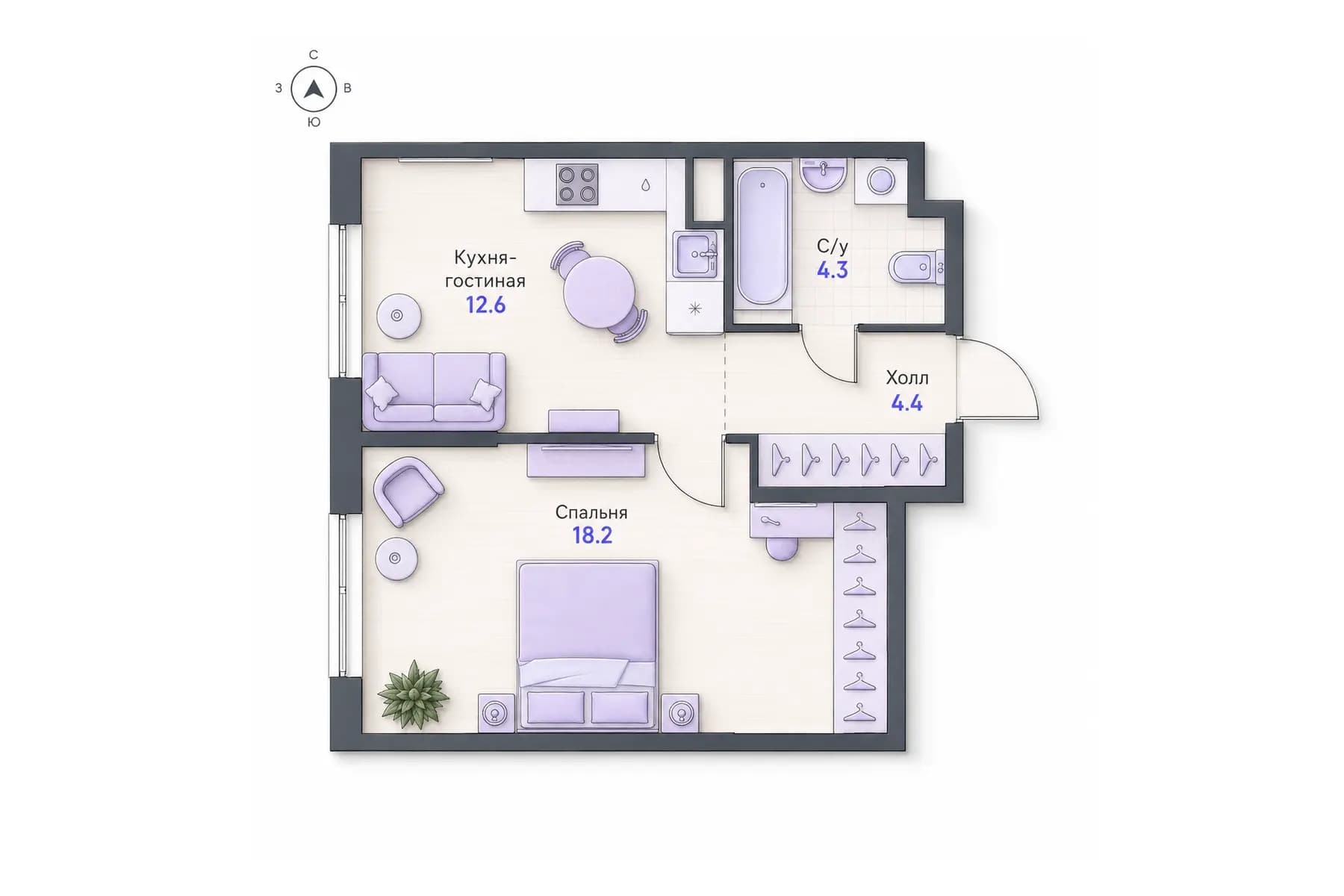 Планировка 1-комнатной квартиры площадью 39,5 м² в ЖК «Центральный квартал», секция 1, этаж 2