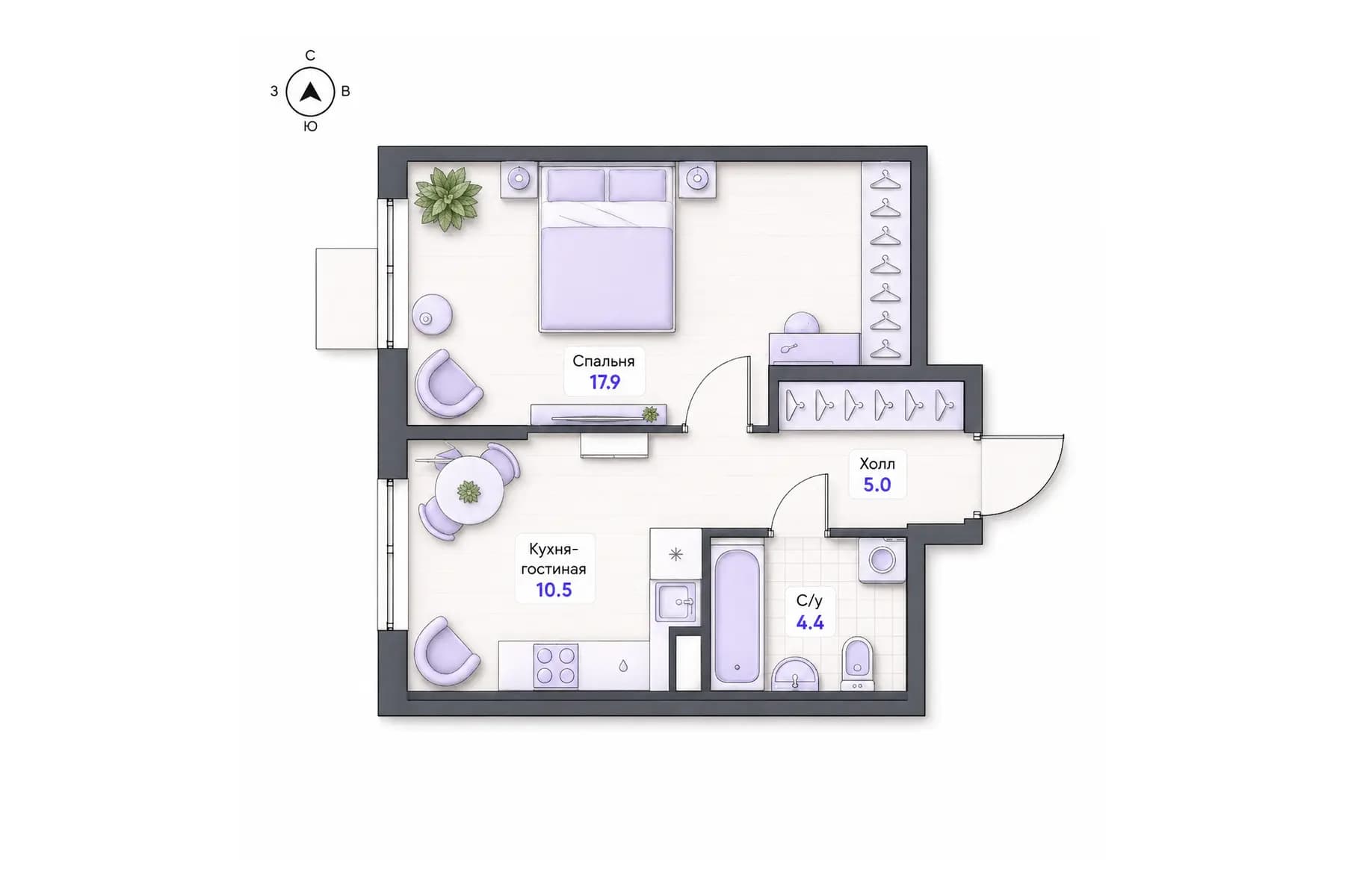 Планировка 1-комнатной квартиры площадью 37,8 м² в ЖК «Центральный квартал», секция 1, этаж 6