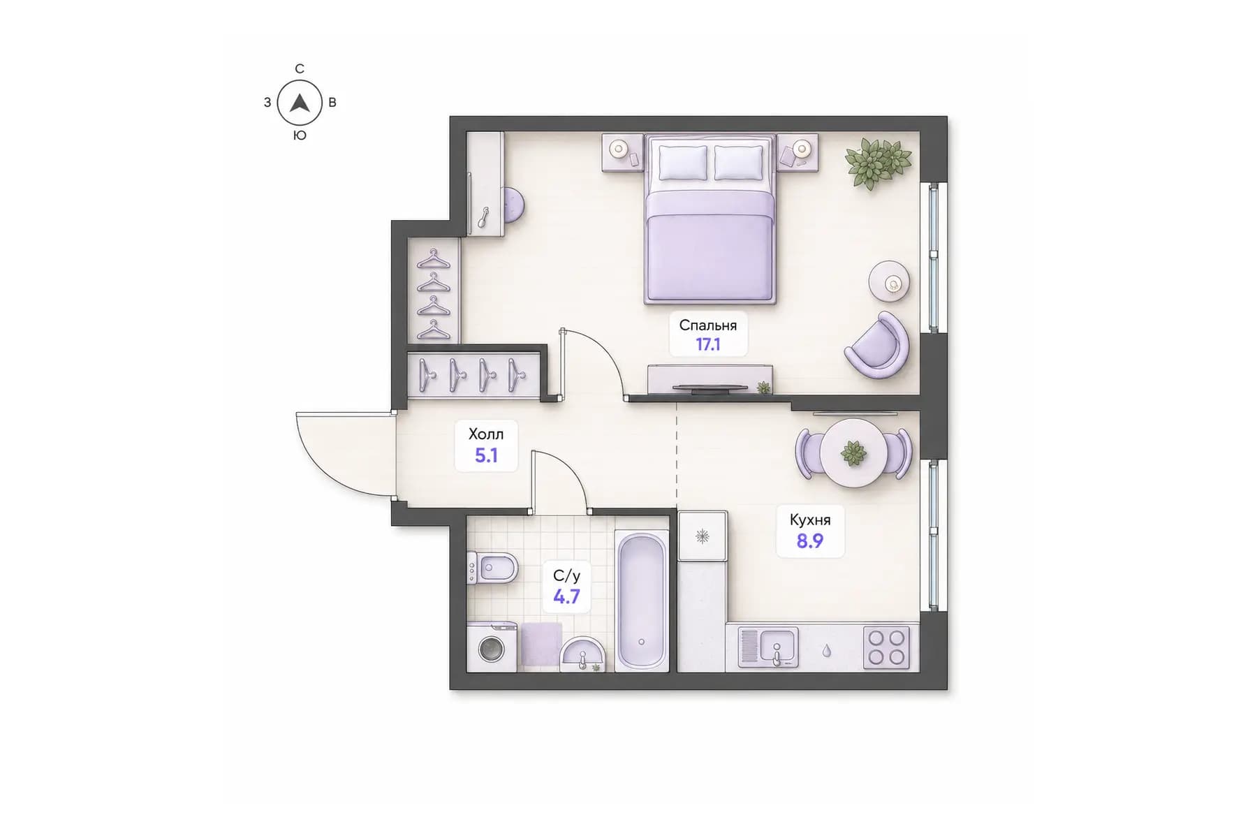 Планировка 1-комнатной квартиры площадью 35,8 м² в ЖК «Центральный квартал», секция 4, этаж 2