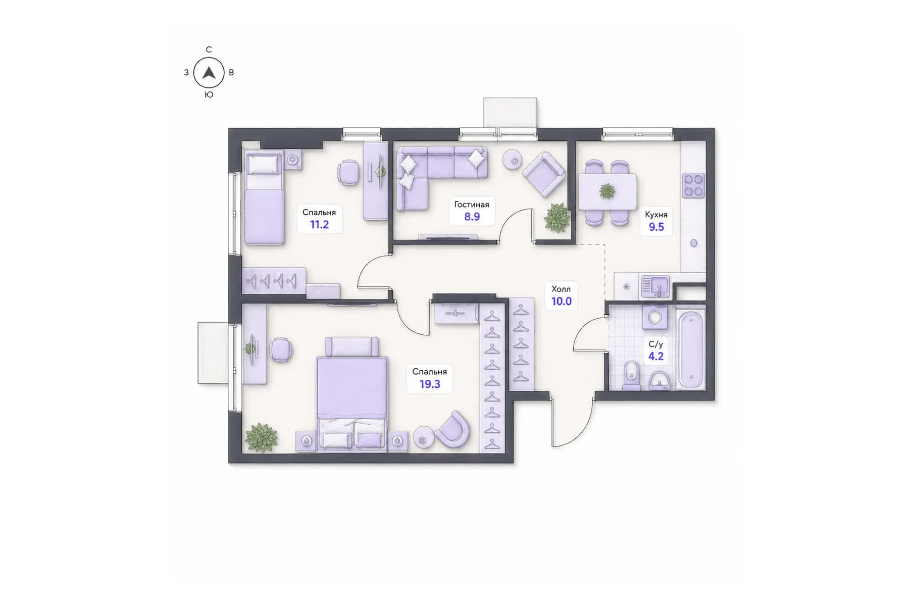 Планировка 3-комнатной квартиры площадью 63,1 м² в ЖК «Центральный квартал», секция 3, этаж 3