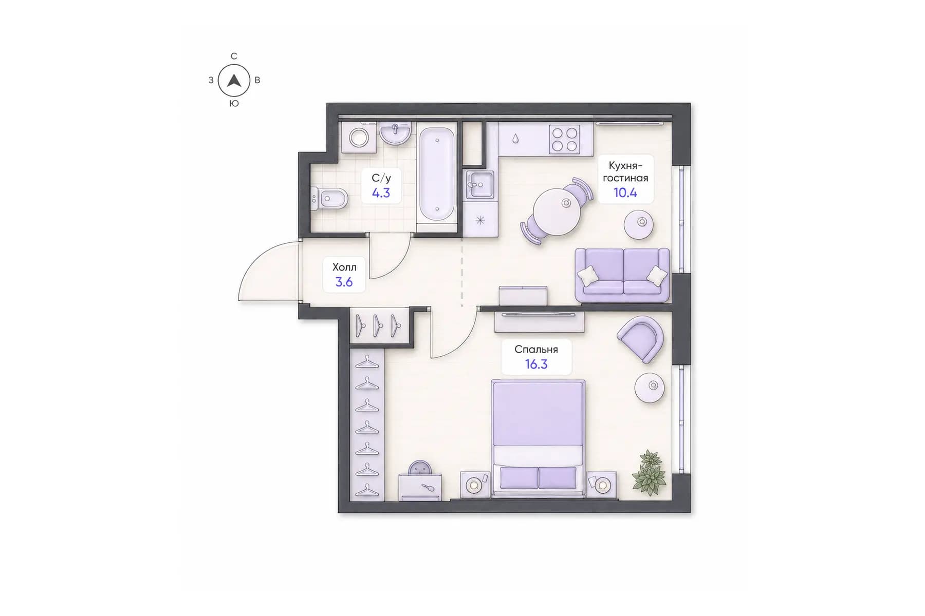 Планировка 1-комнатной квартиры площадью 34,6 м² в ЖК «Центральный квартал», секция 1, этаж 2
