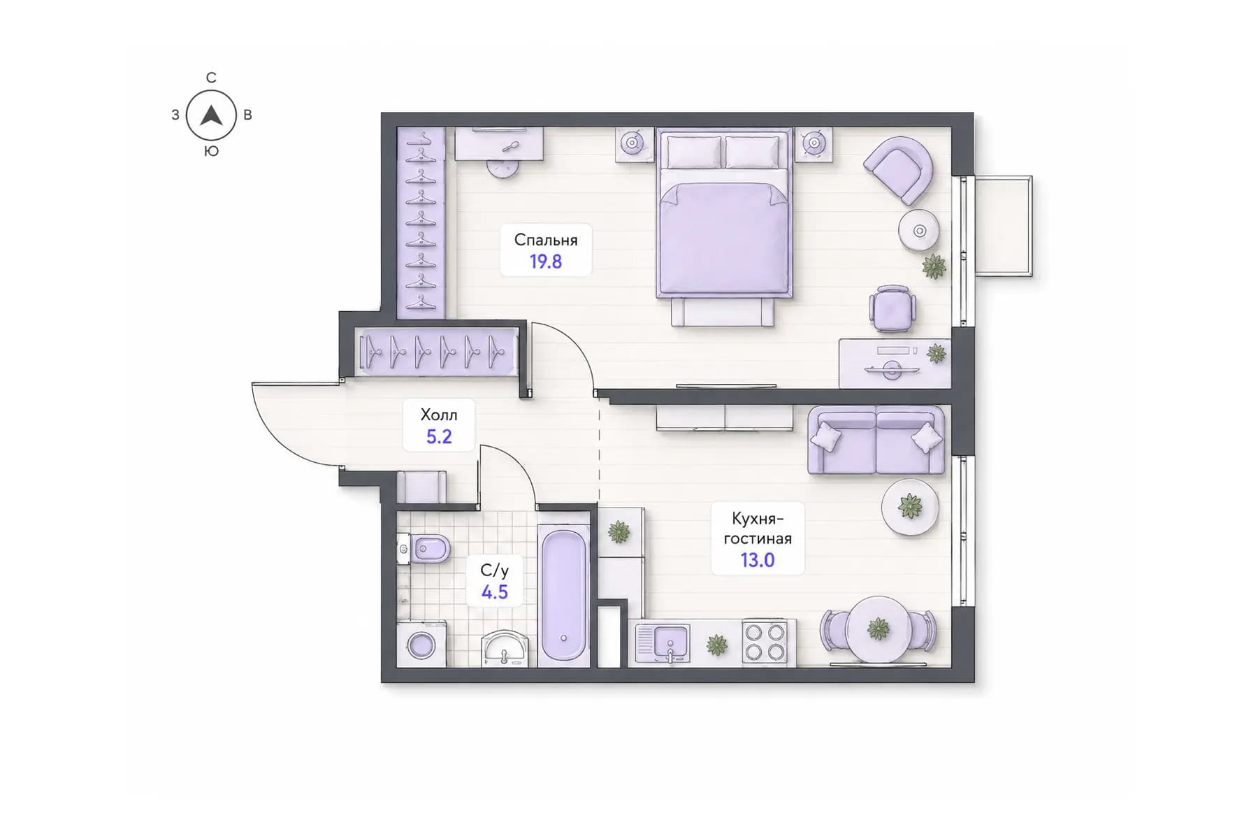 Планировка 1-комнатной квартиры площадью 42,5 м² в ЖК «Центральный квартал», секция 3, этаж 6