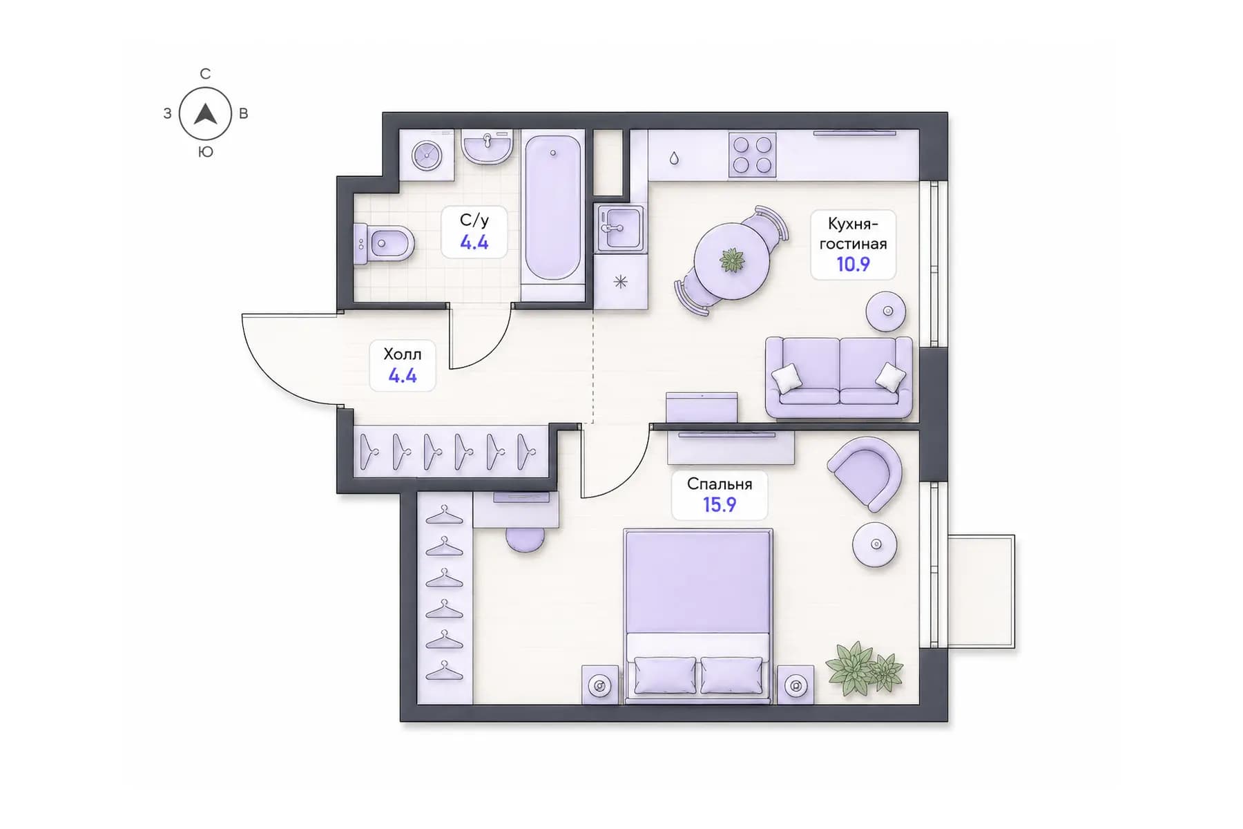 Планировка 1-комнатной квартиры площадью 35,6 м² в ЖК «Центральный квартал», секция 1, этажи 3, 5