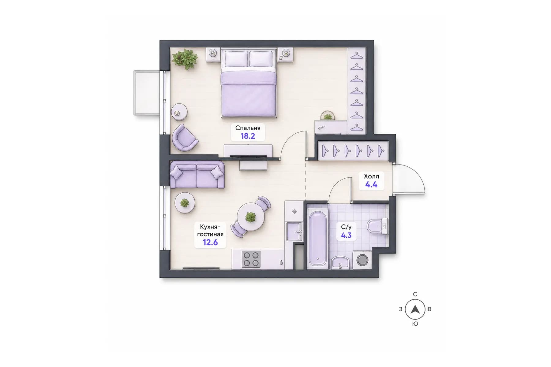 Планировка 1-комнатной квартиры площадью 39,5 м² в ЖК «Центральный квартал», секция 1, этаж 7