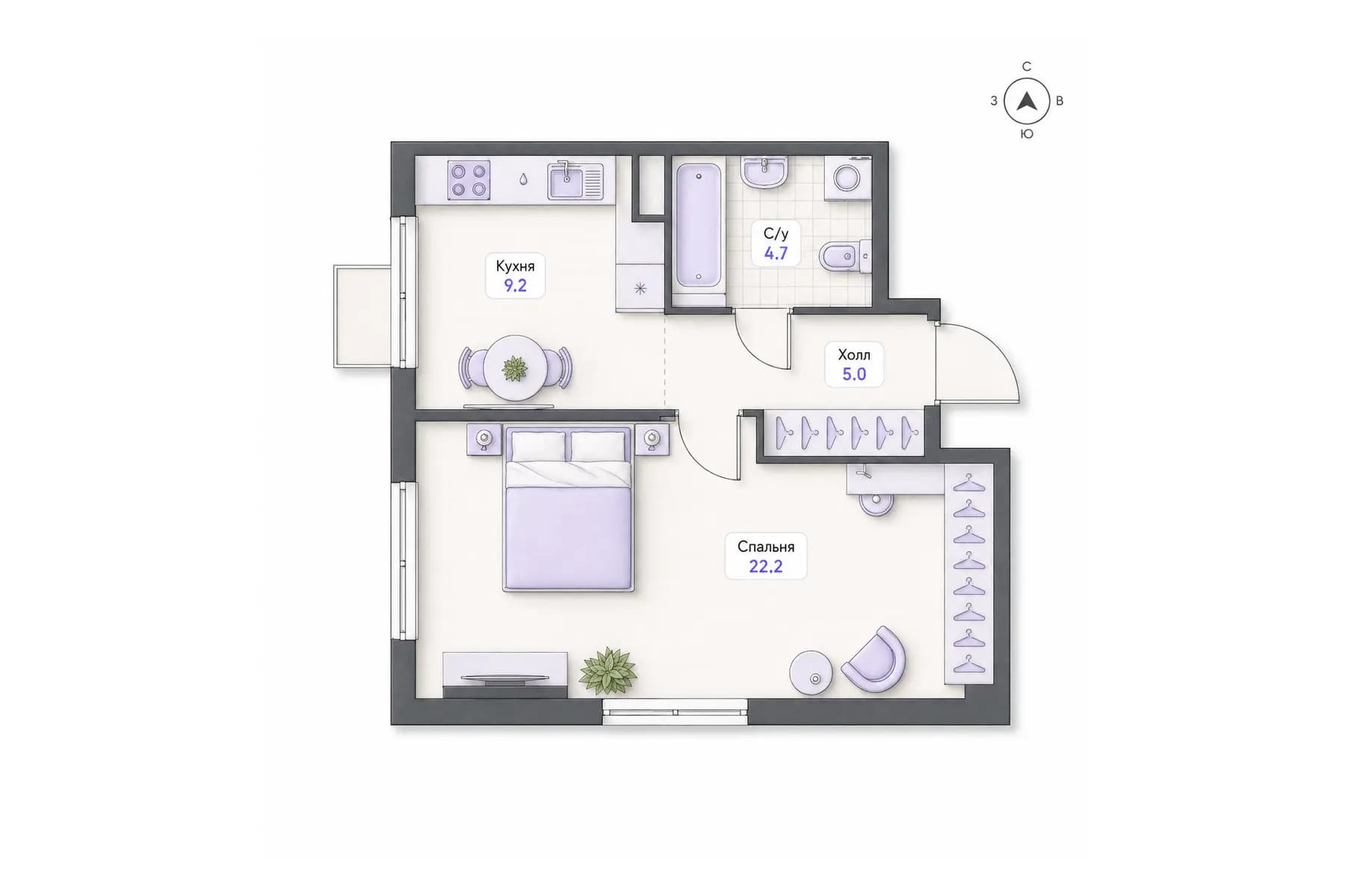Планировка 1-комнатной квартиры площадью 41,1 м² в ЖК «Центральный квартал», секция 4, этаж 10