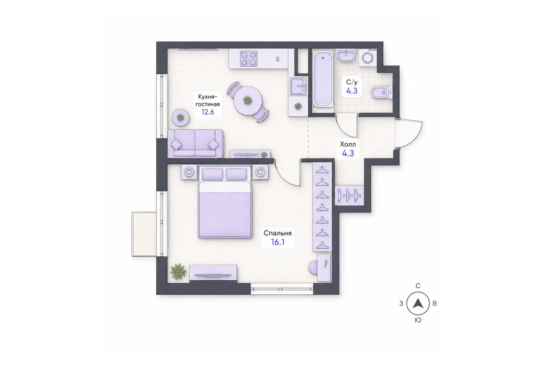 Планировка 1-комнатной квартиры площадью 37,3 м² в ЖК «Центральный квартал», секция 1, этаж 6