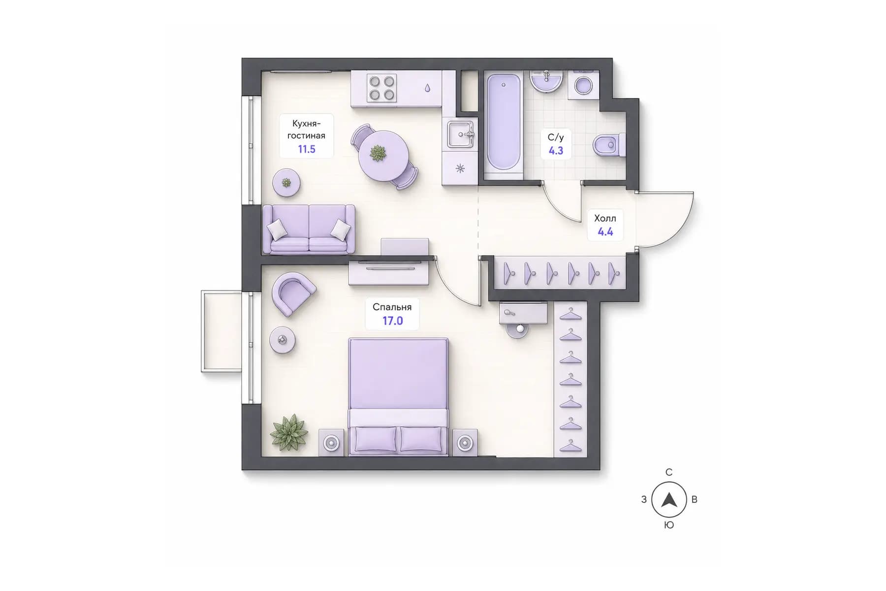 Планировка 1-комнатной квартиры площадью 37,2 м² в ЖК «Центральный квартал», секция 2, этаж 5
