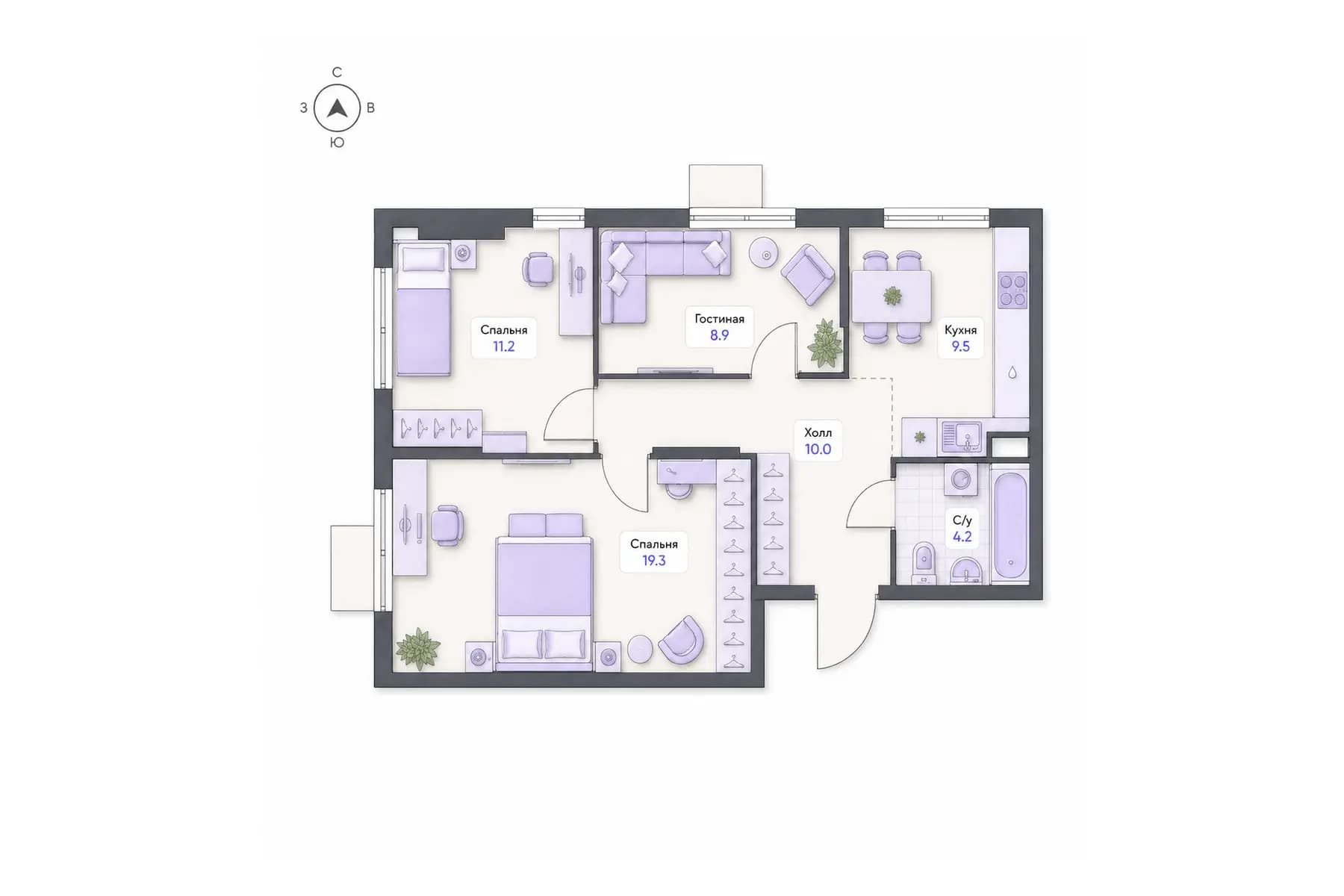 Планировка 3-комнатной квартиры площадью 63,1 м² в ЖК «Центральный квартал», секция 3, этаж 6