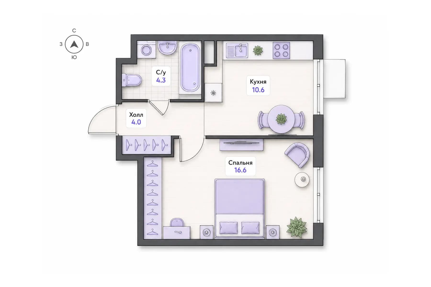 Планировка 1-комнатной квартиры площадью 35,5 м² в ЖК «Центральный квартал», секция 4, этаж 8