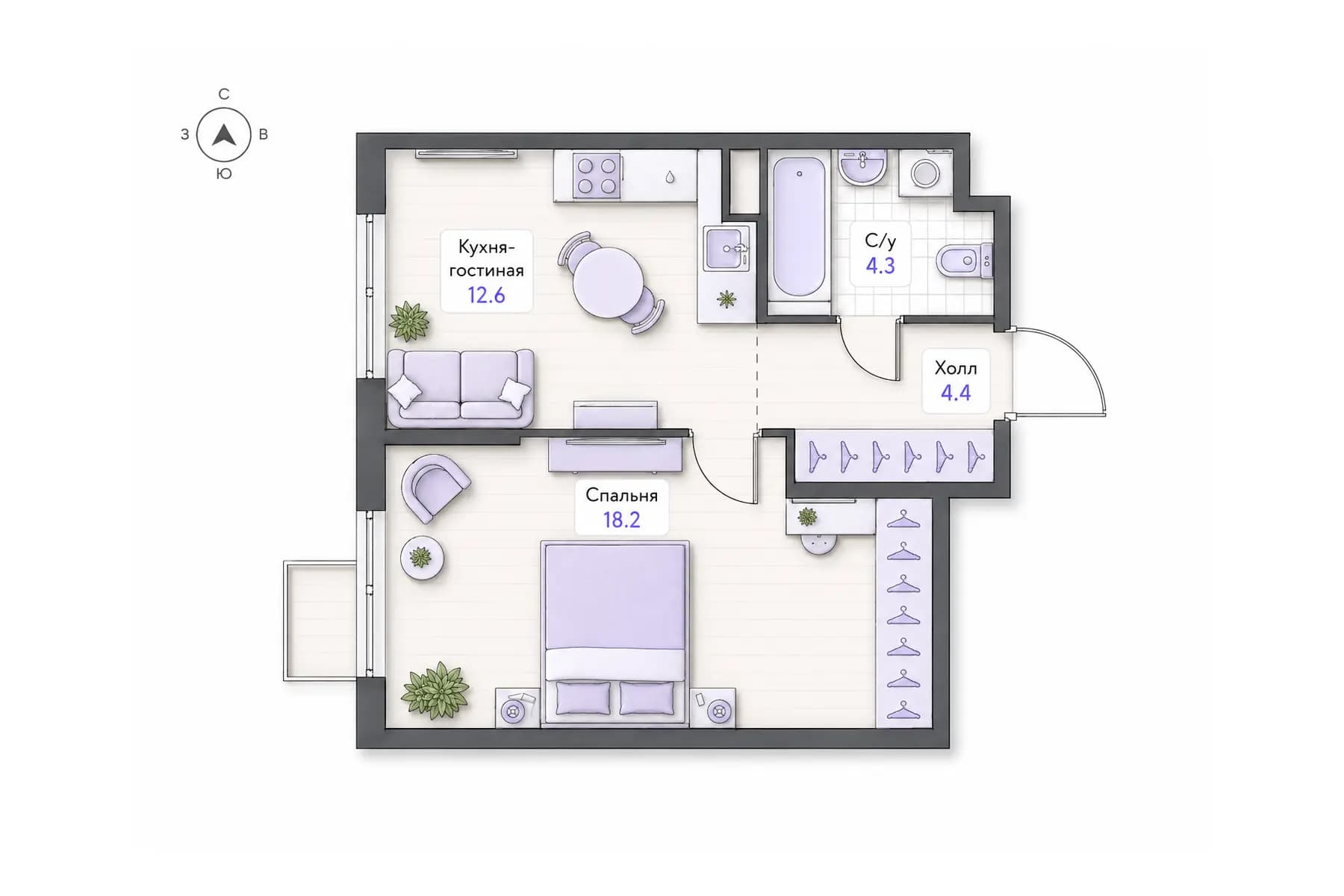 Планировка 1-комнатной квартиры площадью 39,5 м² в ЖК «Центральный квартал», секция 1, этаж 6