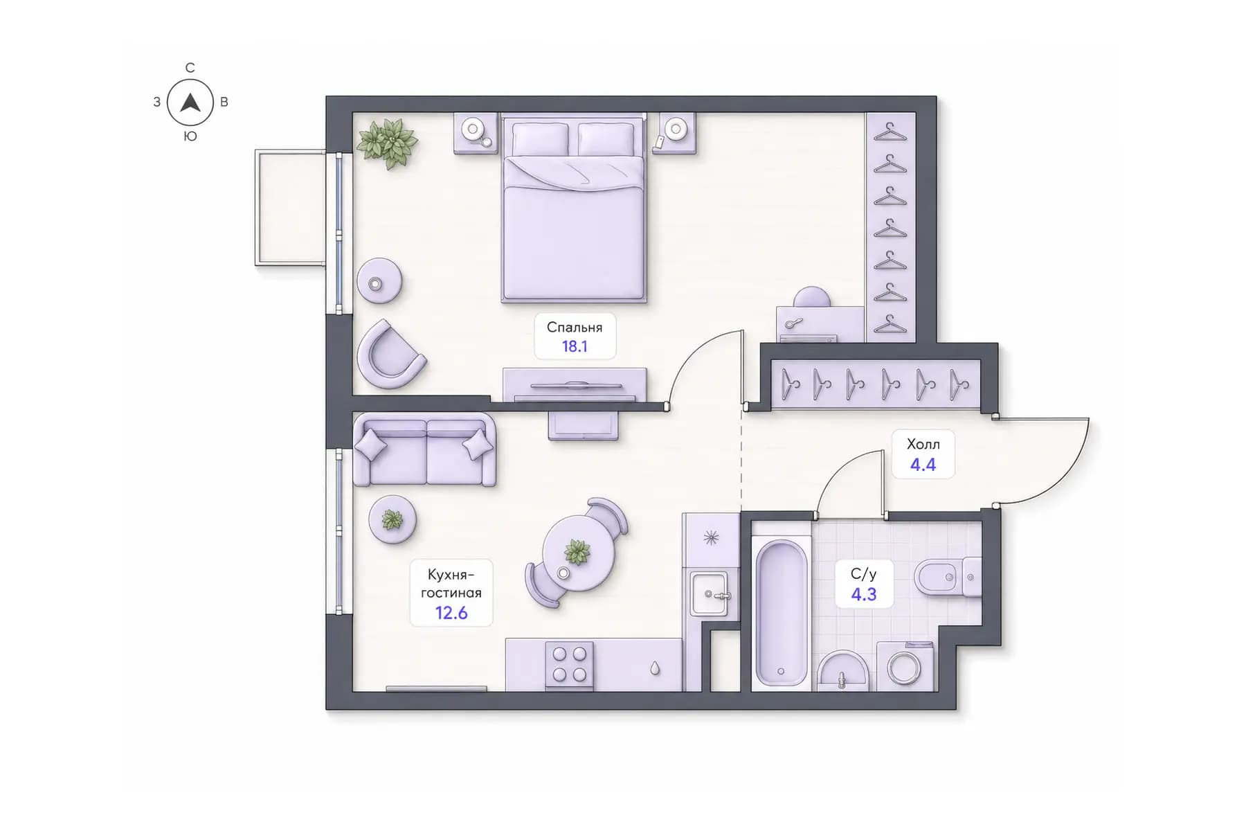 Планировка 1-комнатной квартиры площадью 39,4 м² в ЖК «Центральный квартал», секция 1, этажи 3, 7