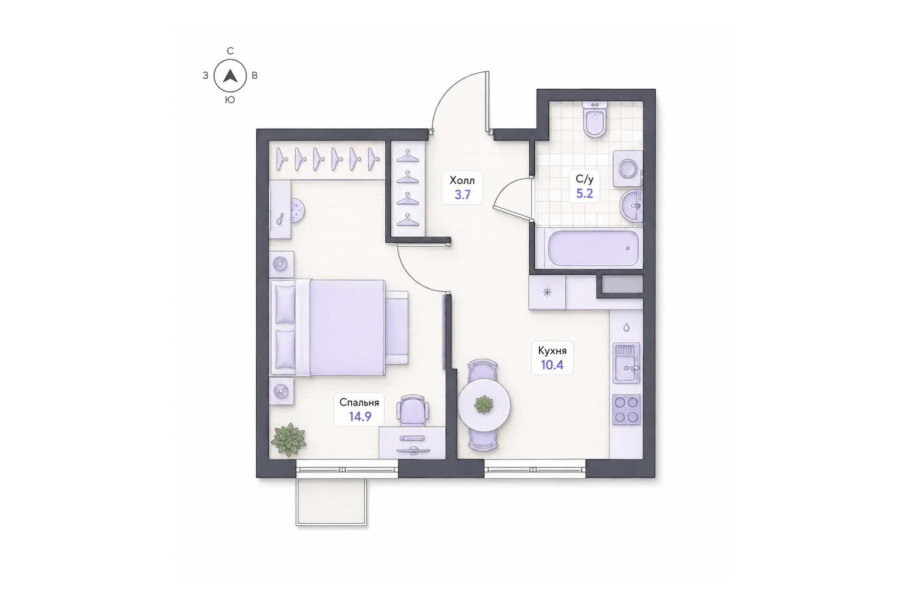 Планировка 1-комнатной квартиры площадью 34,2 м² в ЖК «Центральный квартал», секция 3, этаж 5