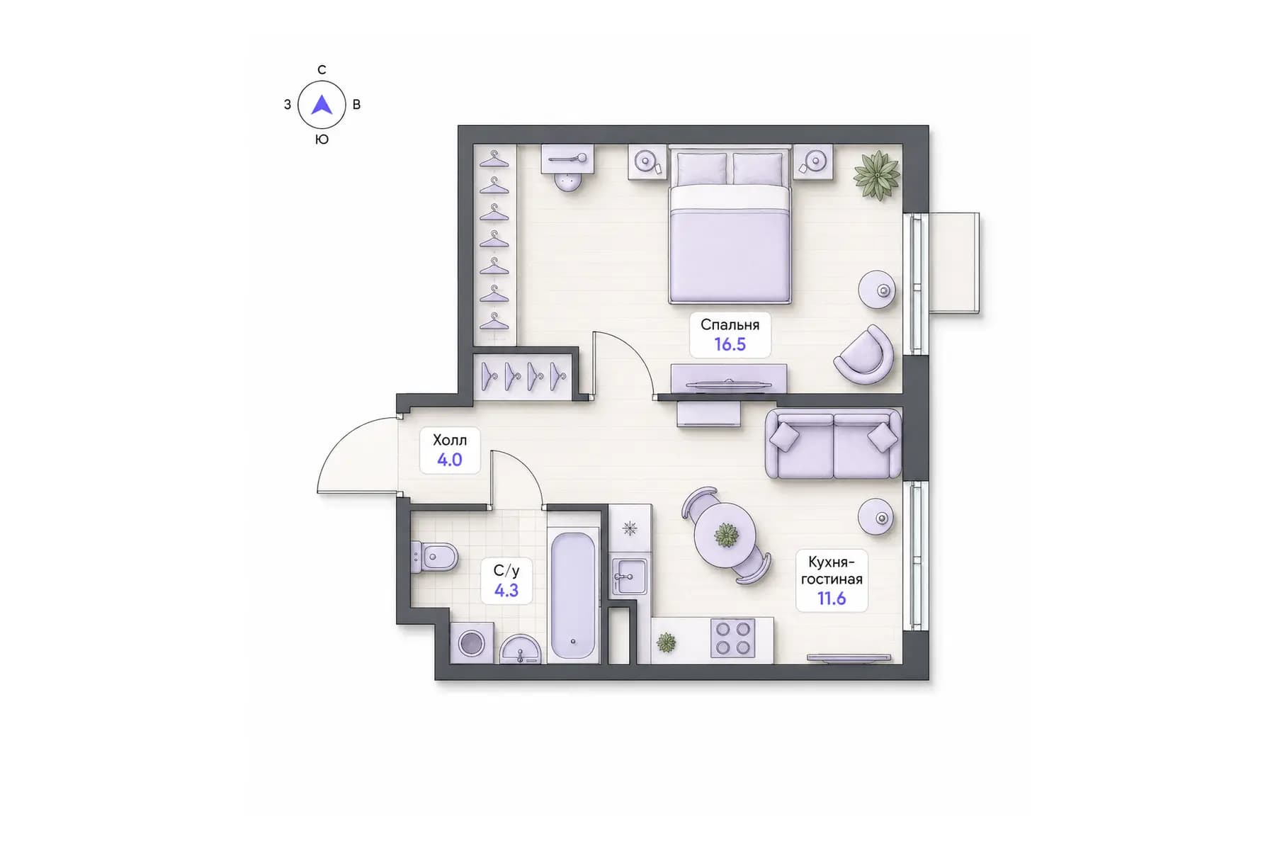 Планировка 1-комнатной квартиры площадью 36,4 м² в ЖК «Центральный квартал», секция 2, этаж 8