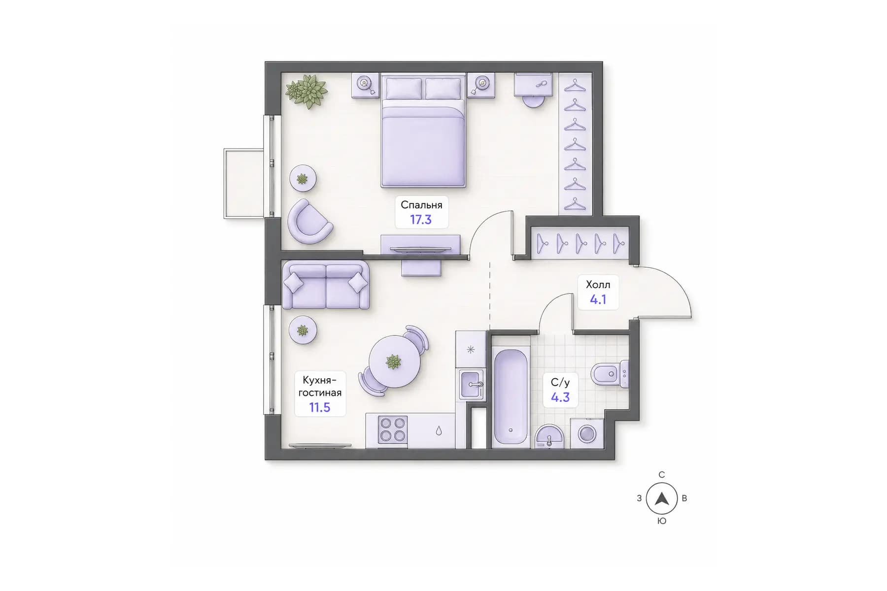 Планировка 1-комнатной квартиры площадью 37,2 м² в ЖК «Центральный квартал», секция 2, этаж 8