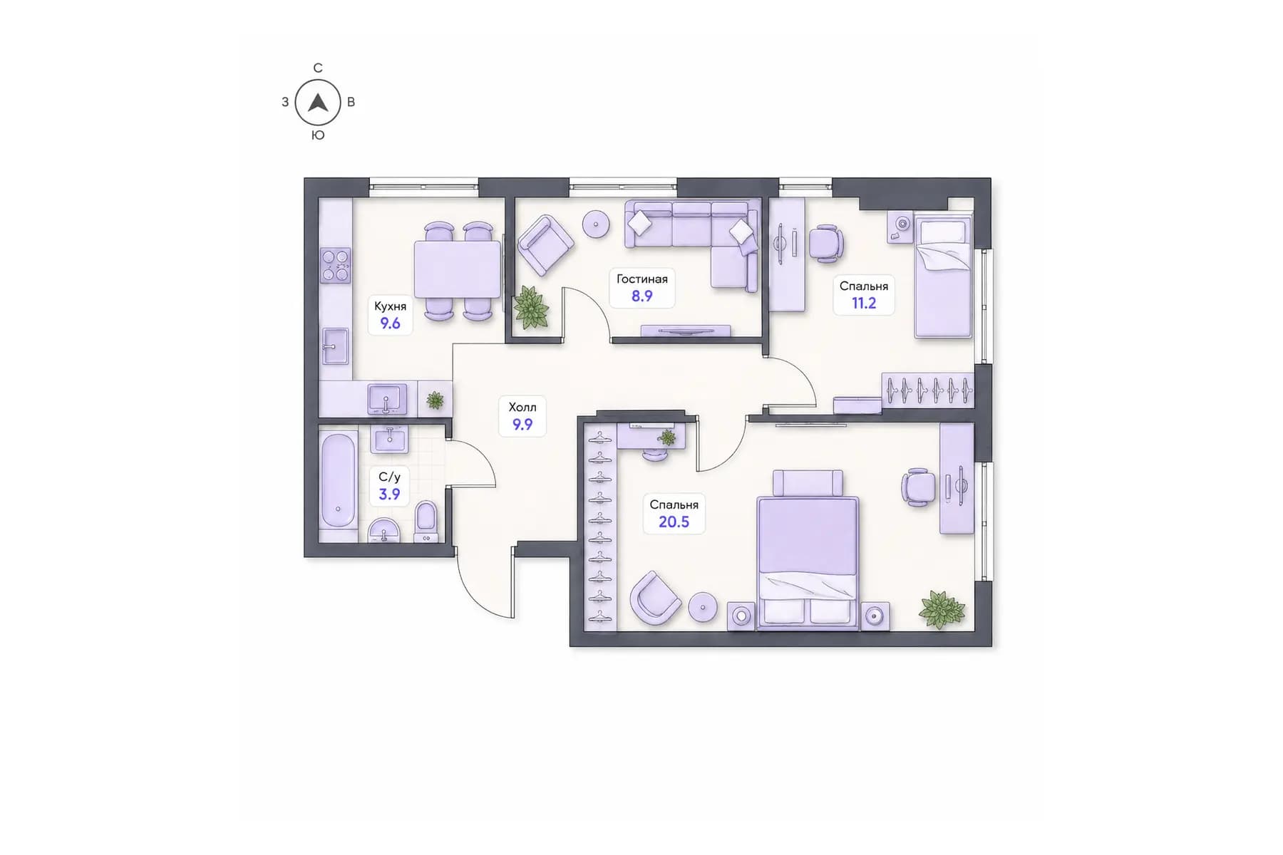 Планировка 3-комнатной квартиры площадью 64 м² в ЖК «Центральный квартал», секция 3, этаж 2