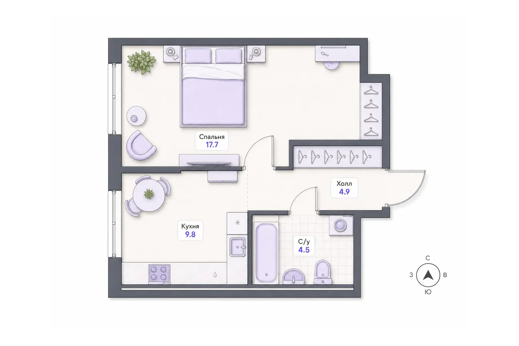 Планировка 1-комнатной квартиры площадью 36,9 м² в ЖК «Центральный квартал», секция 2, этаж 2
