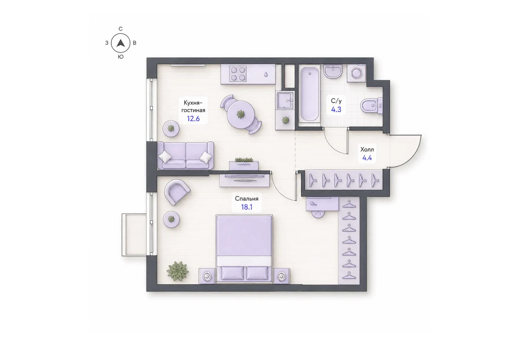 Планировка 1-комнатной квартиры площадью 39,4 м² в ЖК «Центральный квартал», секция 1, этаж 6