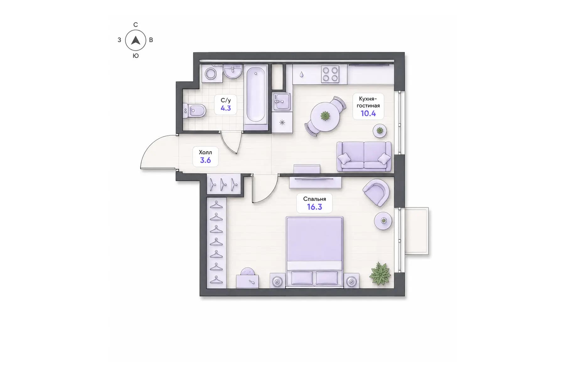 Планировка 1-комнатной квартиры площадью 34,6 м² в ЖК «Центральный квартал», секция 1, этаж 6