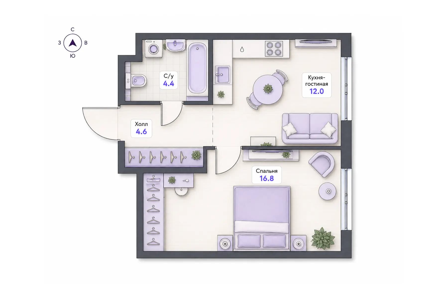 Планировка 1-комнатной квартиры площадью 37,8 м² в ЖК «Центральный квартал», секция 2, этаж 2