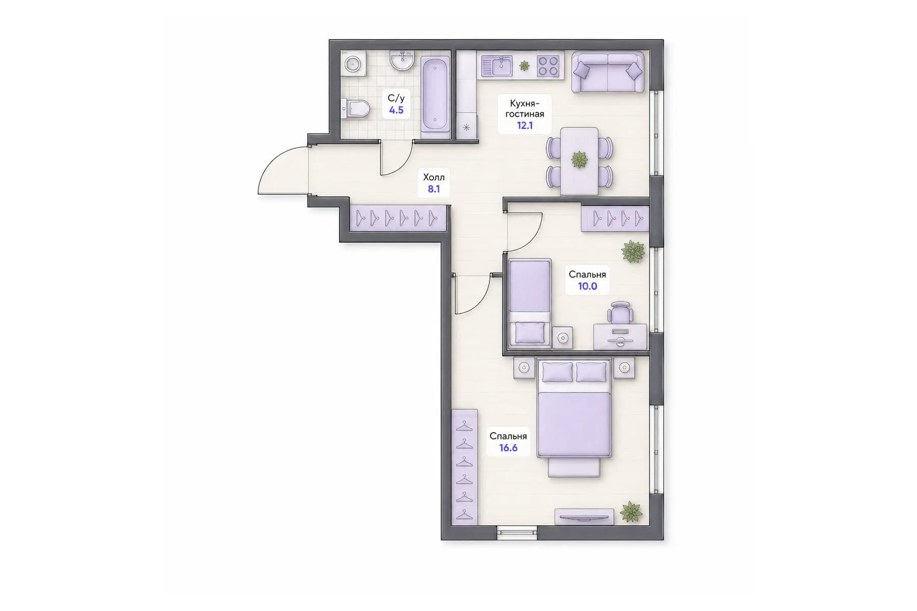 Планировка 2-комнатной квартиры площадью 51,3 м² в ЖК «Центральный квартал», секция 3, этаж 2
