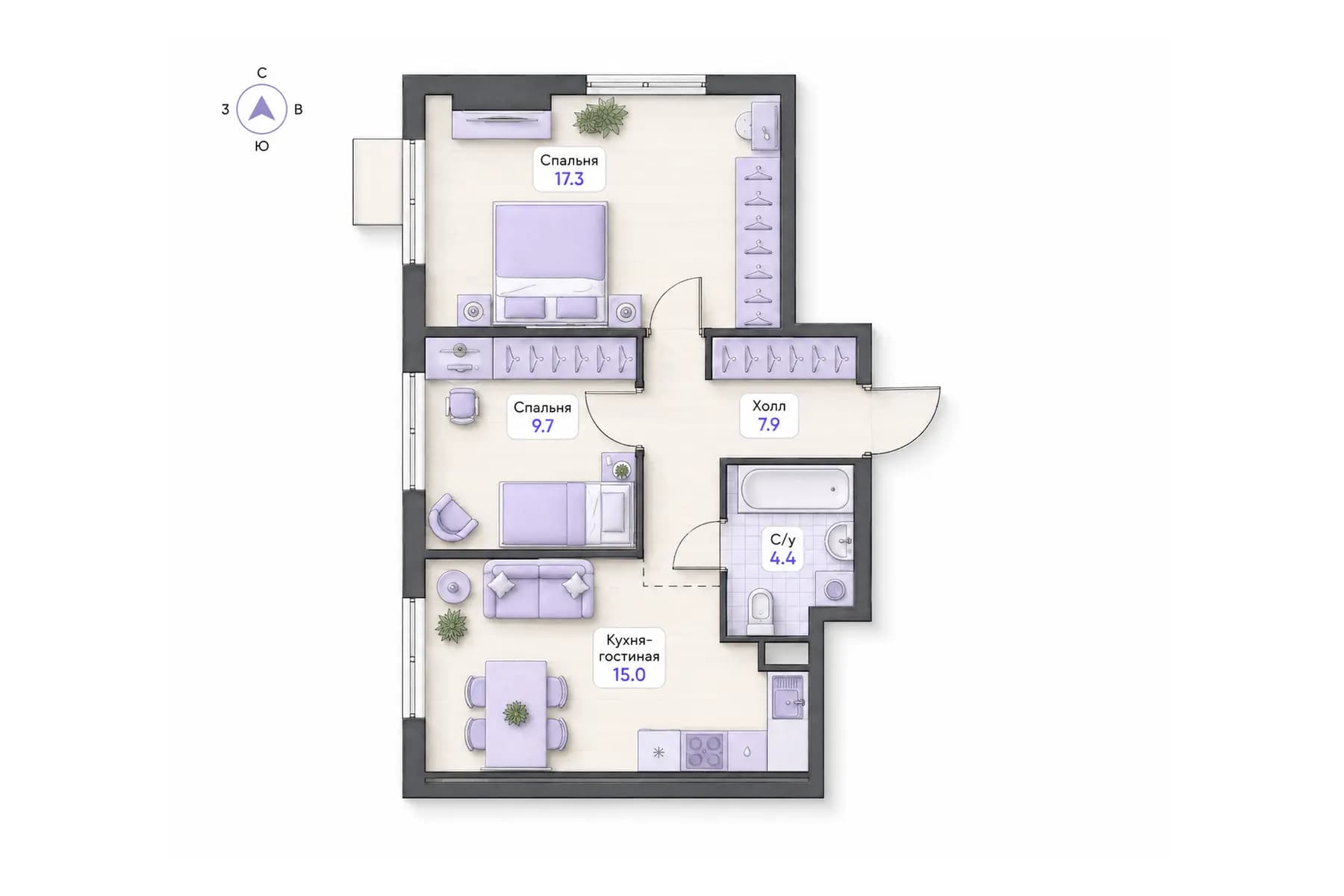 Планировка 2-комнатной квартиры площадью 54,3 м² в ЖК «Центральный квартал», секция 4, этаж 5