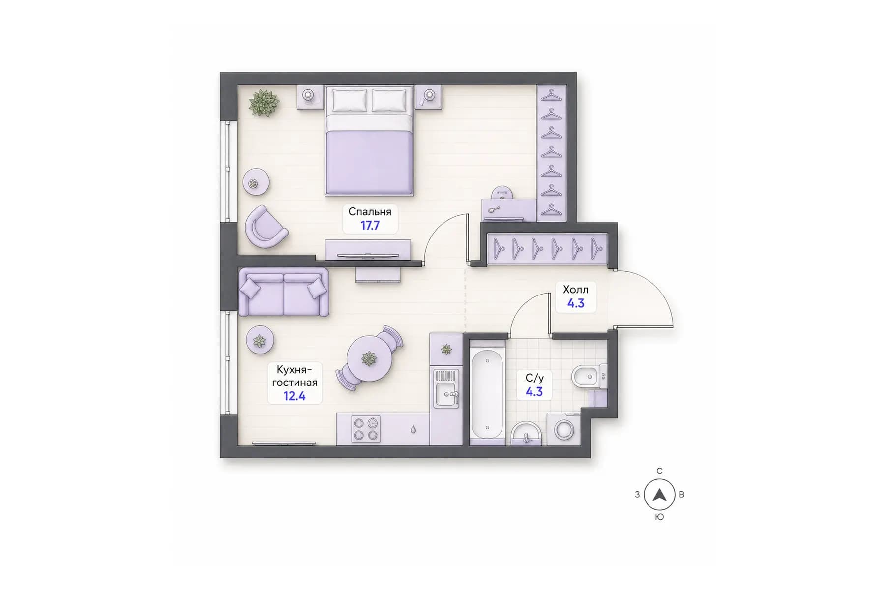 Планировка 1-комнатной квартиры площадью 38,7 м² в ЖК «Центральный квартал», секция 1, этаж 1