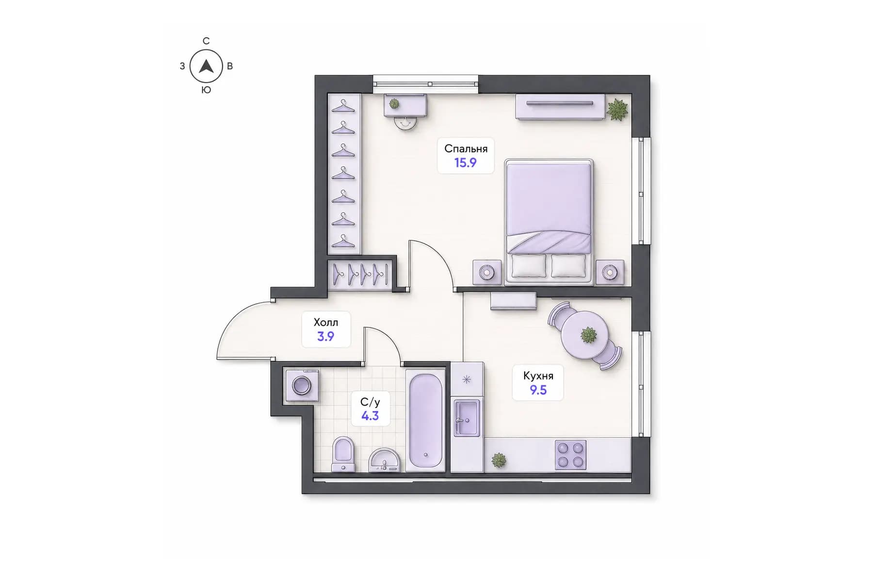 Планировка 1-комнатной квартиры площадью 33,6 м² в ЖК «Центральный квартал», секция 1, этаж 2