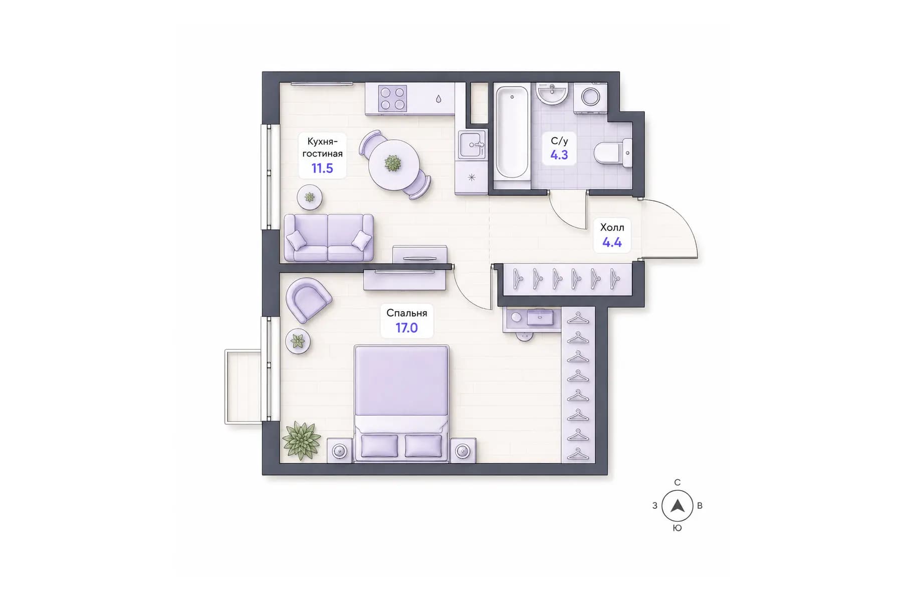 Планировка 1-комнатной квартиры площадью 37,2 м² в ЖК «Центральный квартал», секция 2, этаж 6, квартира №66