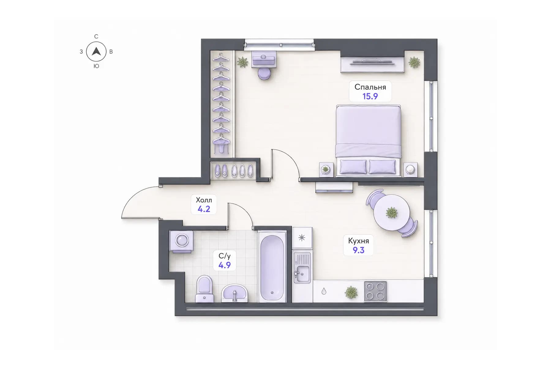 Планировка 1-комнатной квартиры площадью 34,3 м² в ЖК «Центральный квартал», секция 2, этаж 2