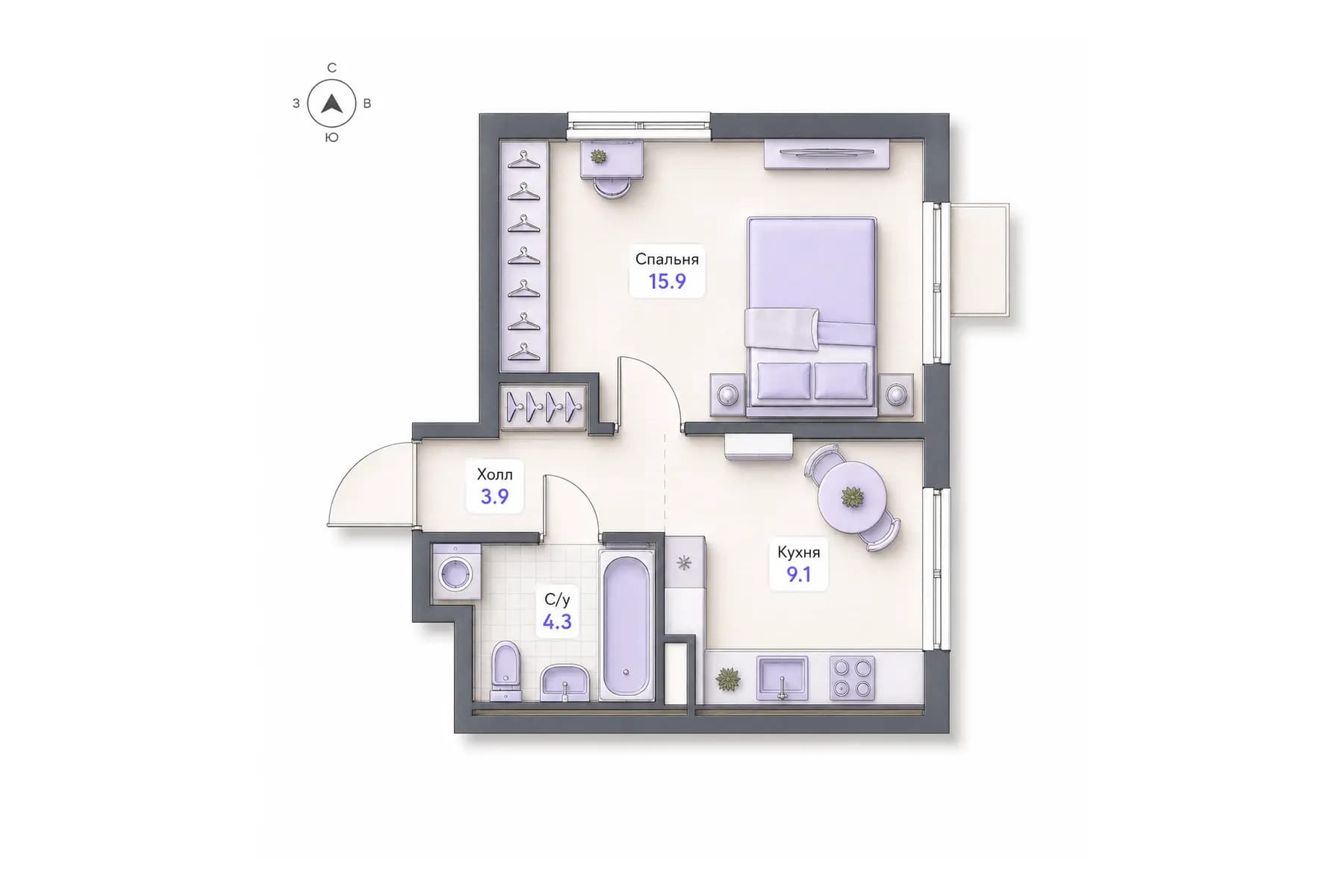 Планировка 1-комнатной квартиры площадью 33,2 м² в ЖК «Центральный квартал», секция 1, этаж 6
