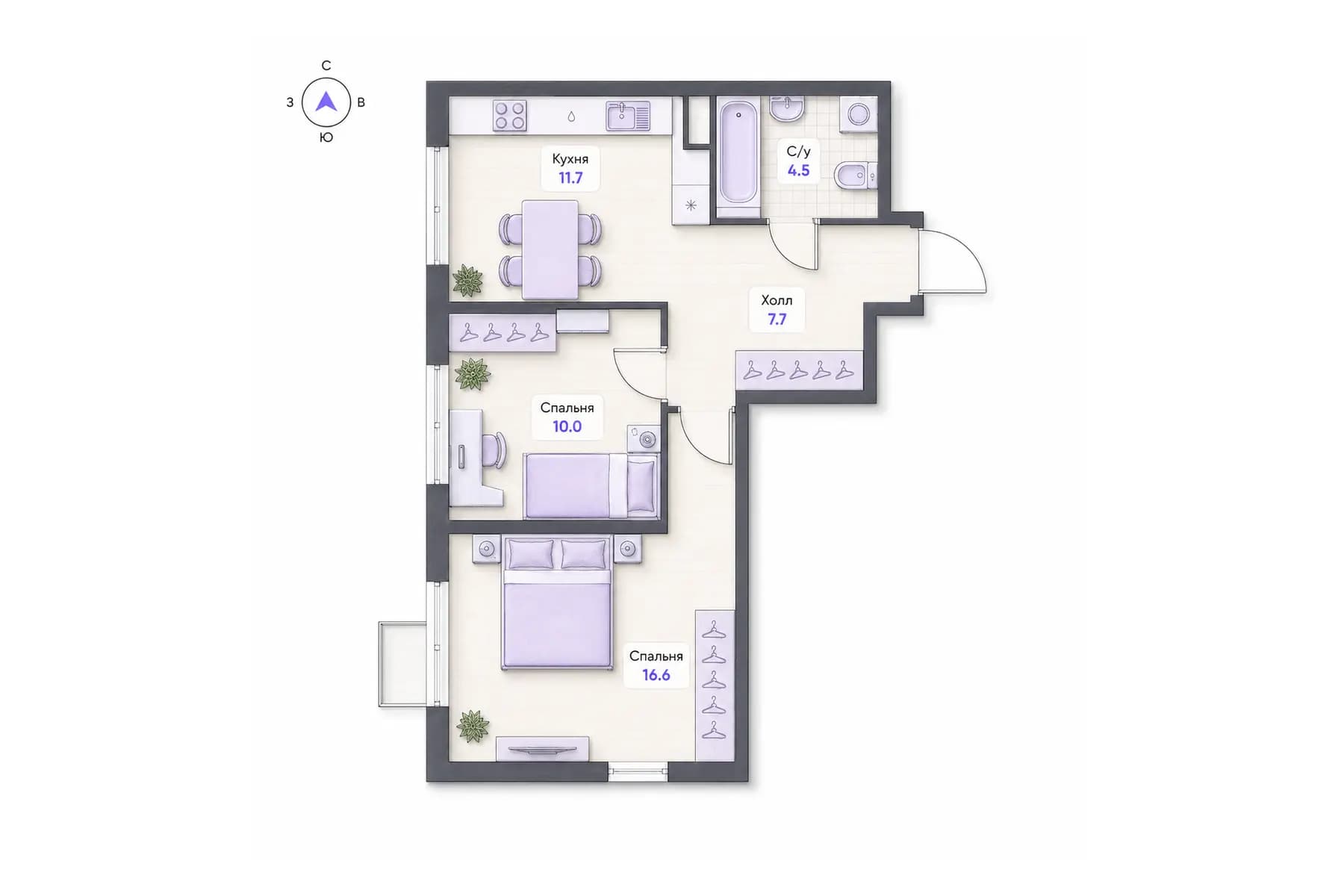 Планировка 2-комнатной квартиры площадью 50,5 м² в ЖК «Центральный квартал», секция 3, этаж 8