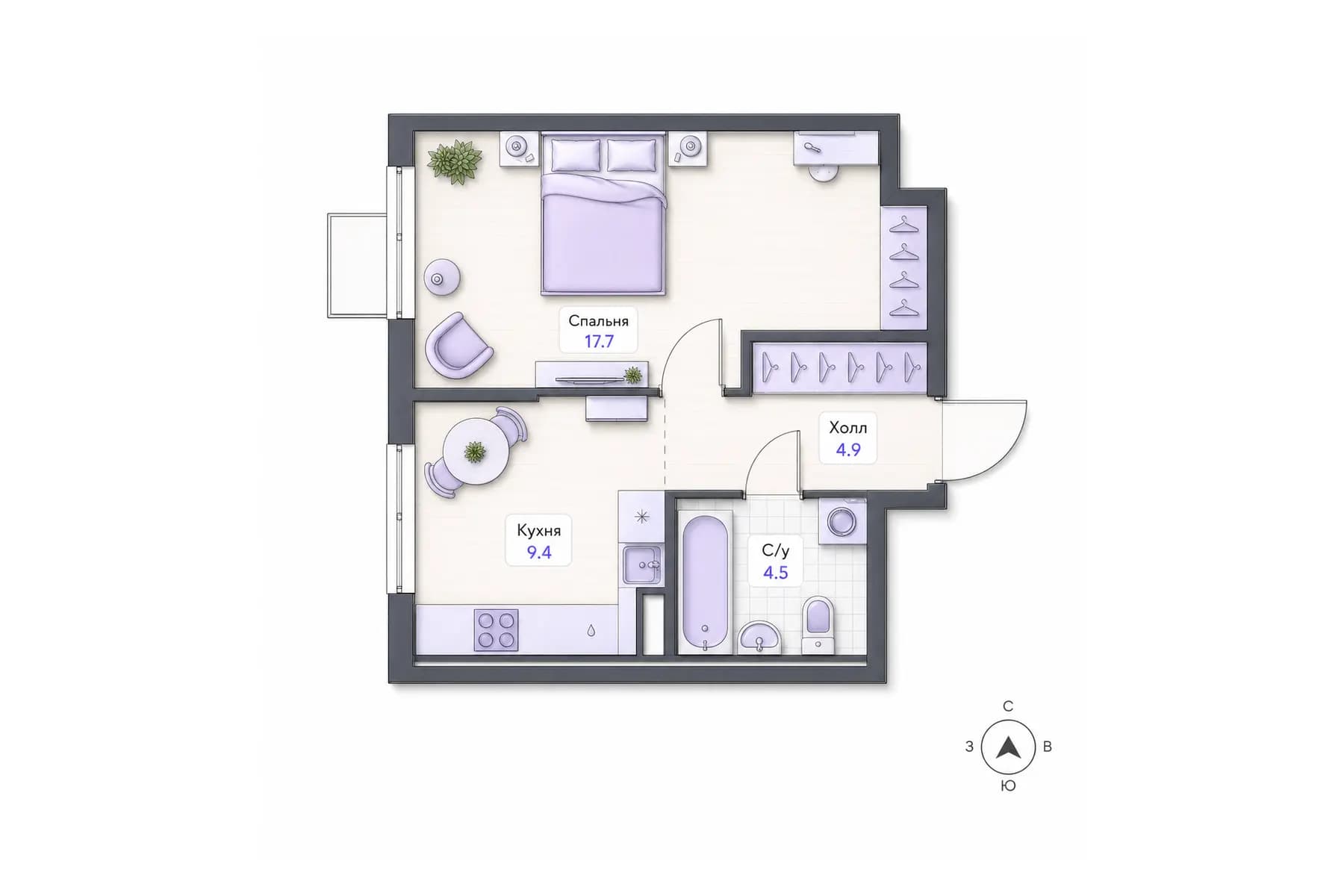Планировка 1-комнатной квартиры площадью 36,5 м² в ЖК «Центральный квартал», секция 2, этаж 6