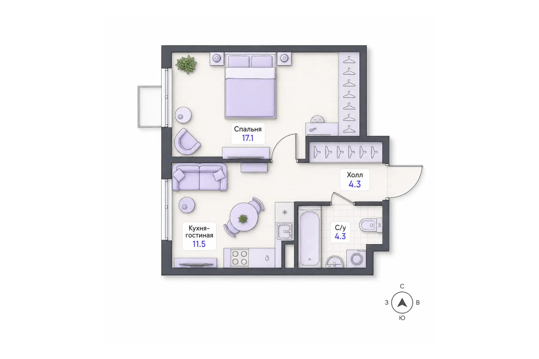 Планировка 1-комнатной квартиры площадью 37,2 м² в ЖК «Центральный квартал», секция 2, этажи 4, 8