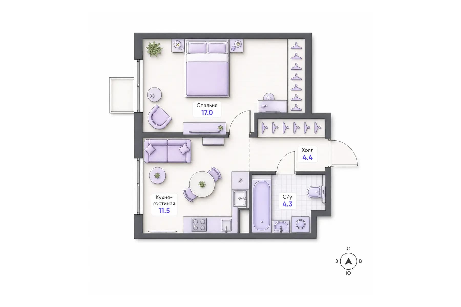 Планировка 1-комнатной квартиры площадью 37,2 м² в ЖК «Центральный квартал», секция 2, этаж 4