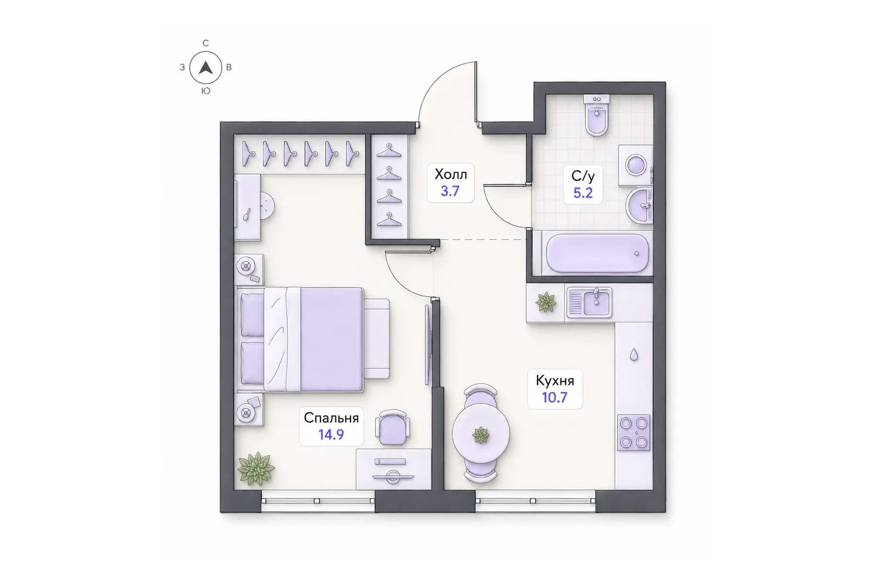 Планировка 1-комнатной квартиры площадью 34,5 м² в ЖК «Центральный квартал», секция 3, этаж 2