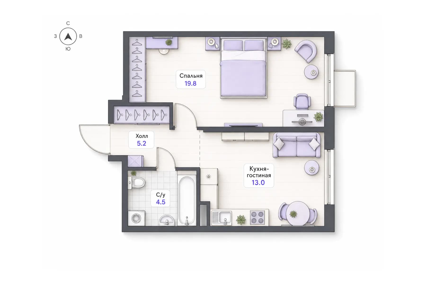 Планировка 1-комнатной квартиры площадью 42,5 м² в ЖК «Центральный квартал», секция 3, этаж 3