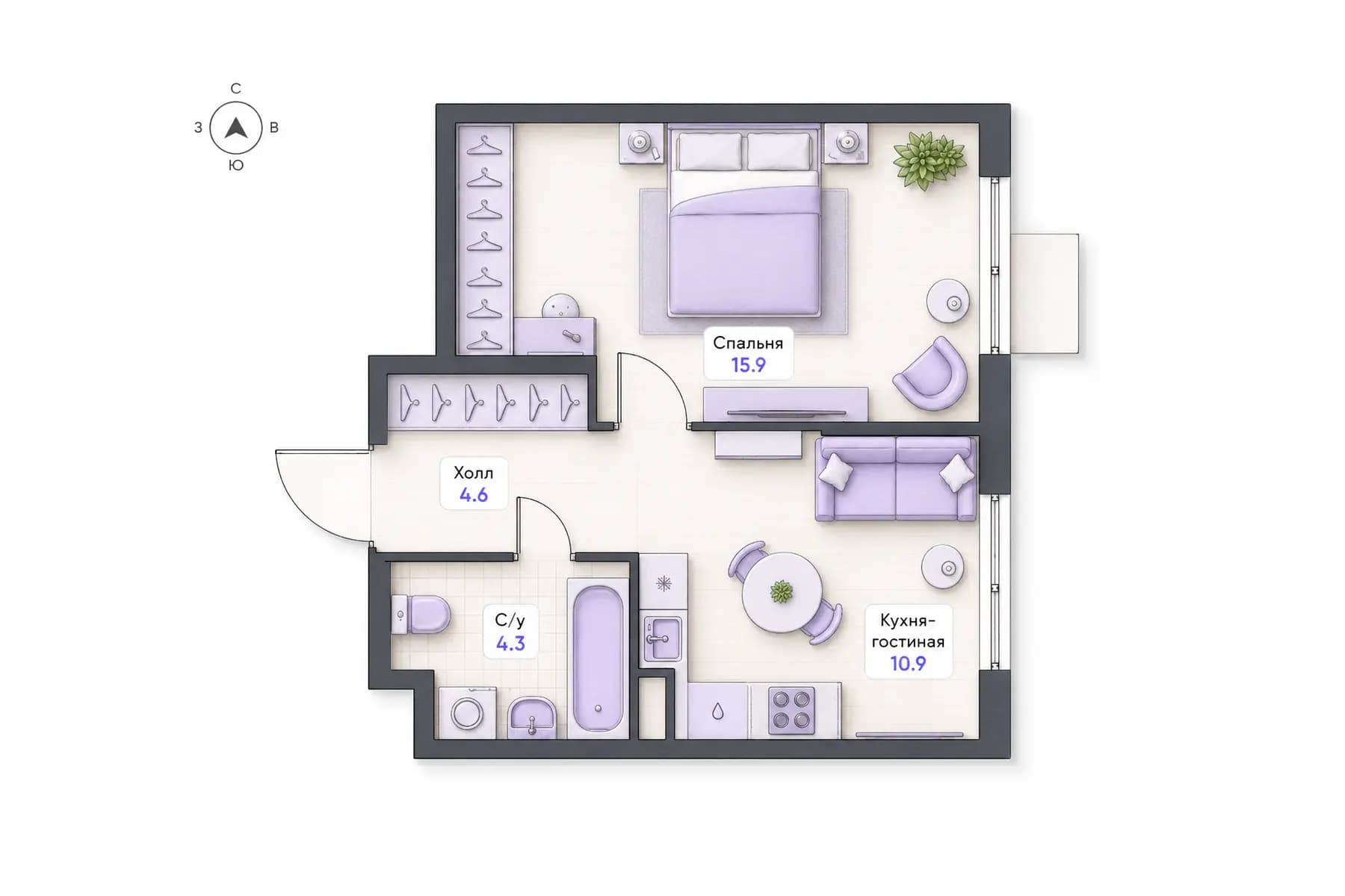 Планировка 1-комнатной квартиры площадью 35,7 м² в ЖК «Центральный квартал», секция 1, этажи 3, 7