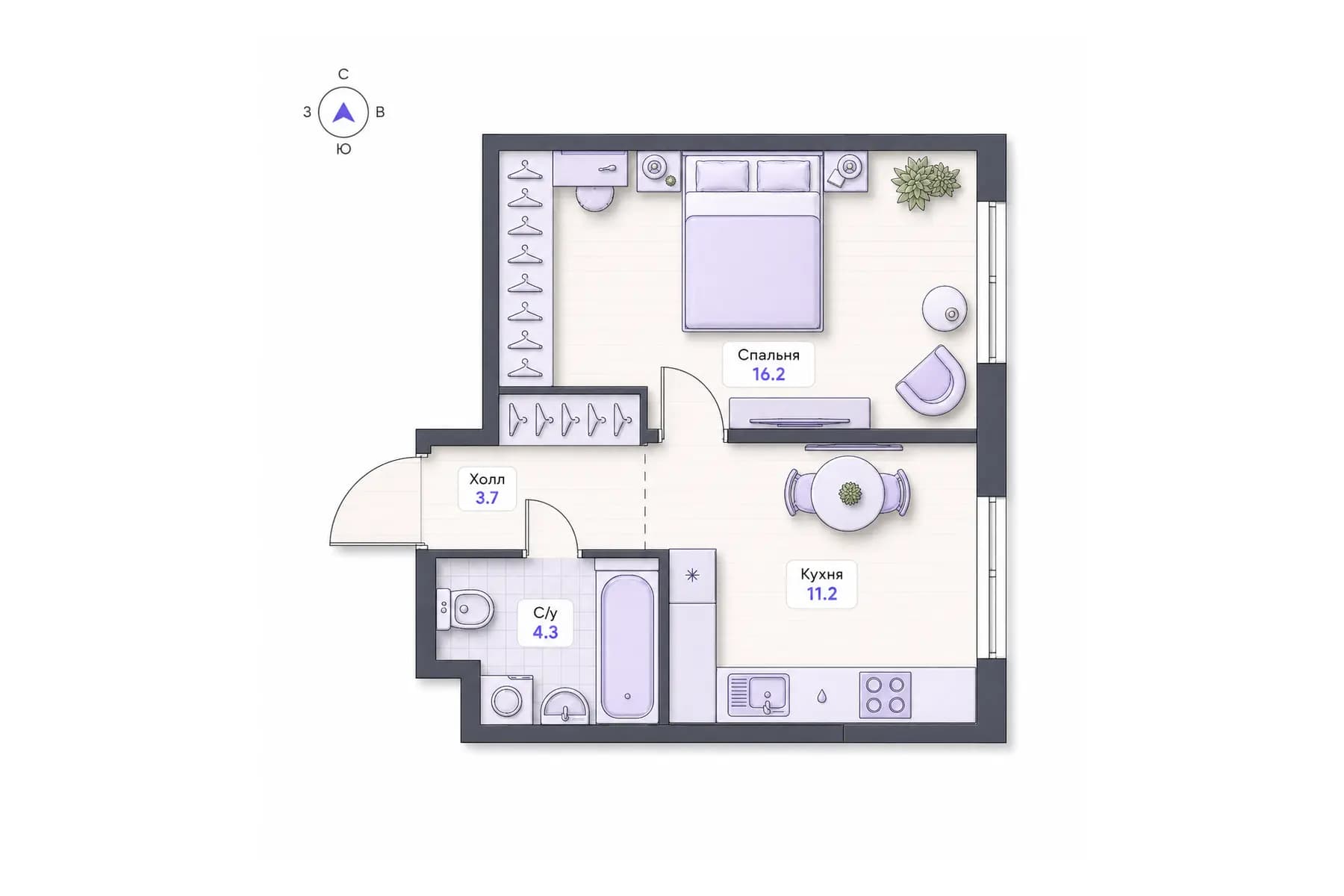 Планировка 1-комнатной квартиры площадью 35,4 м² в ЖК «Центральный квартал», секция 4, этаж 2